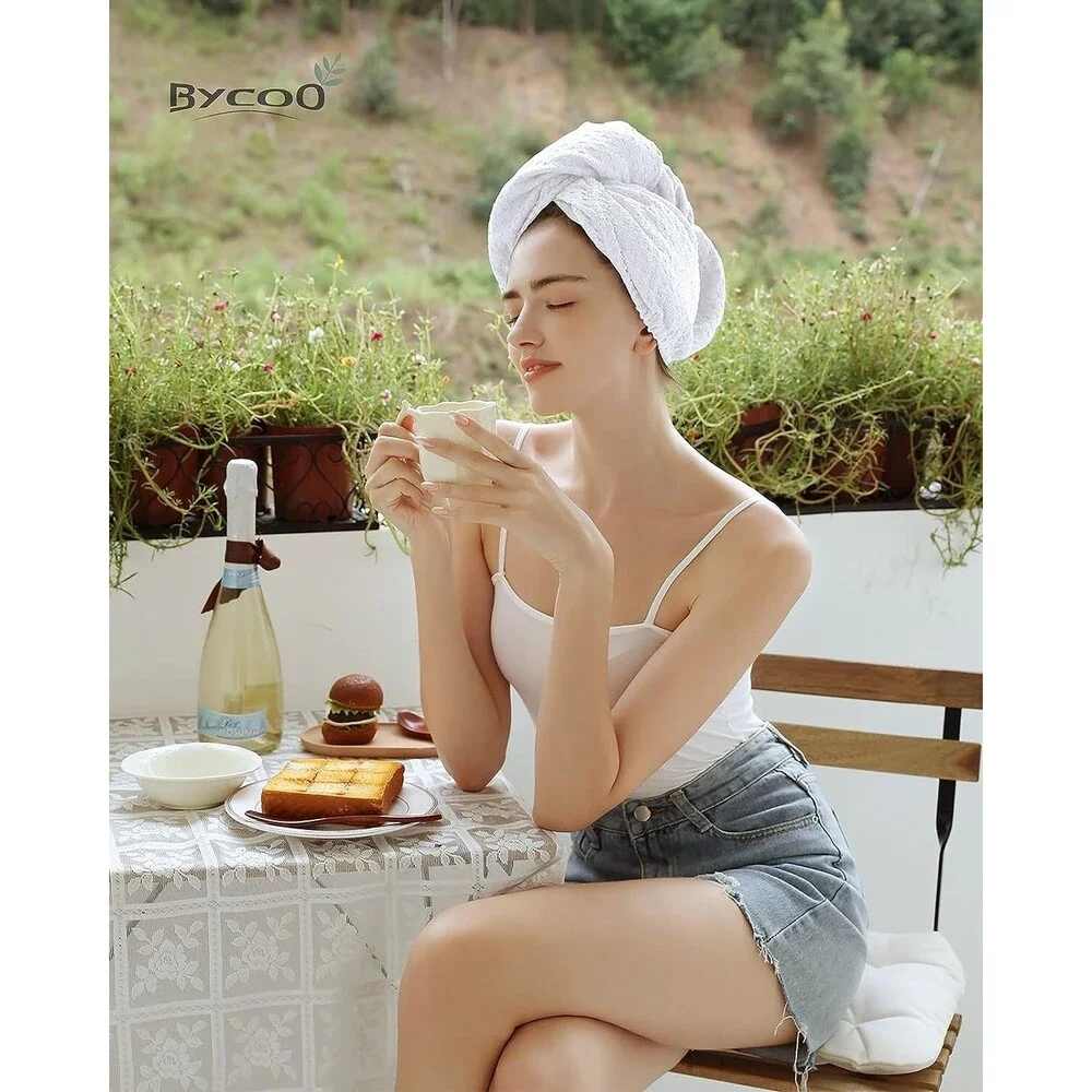 Waffle Hair Towel Wrap, Large Microfiber Hair Drying Towels w/ Button & Elastic